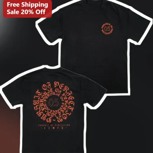 Pursuit of Perfection Gothic Typography Tee Black Orange Spiral Text Streetwear Shirt