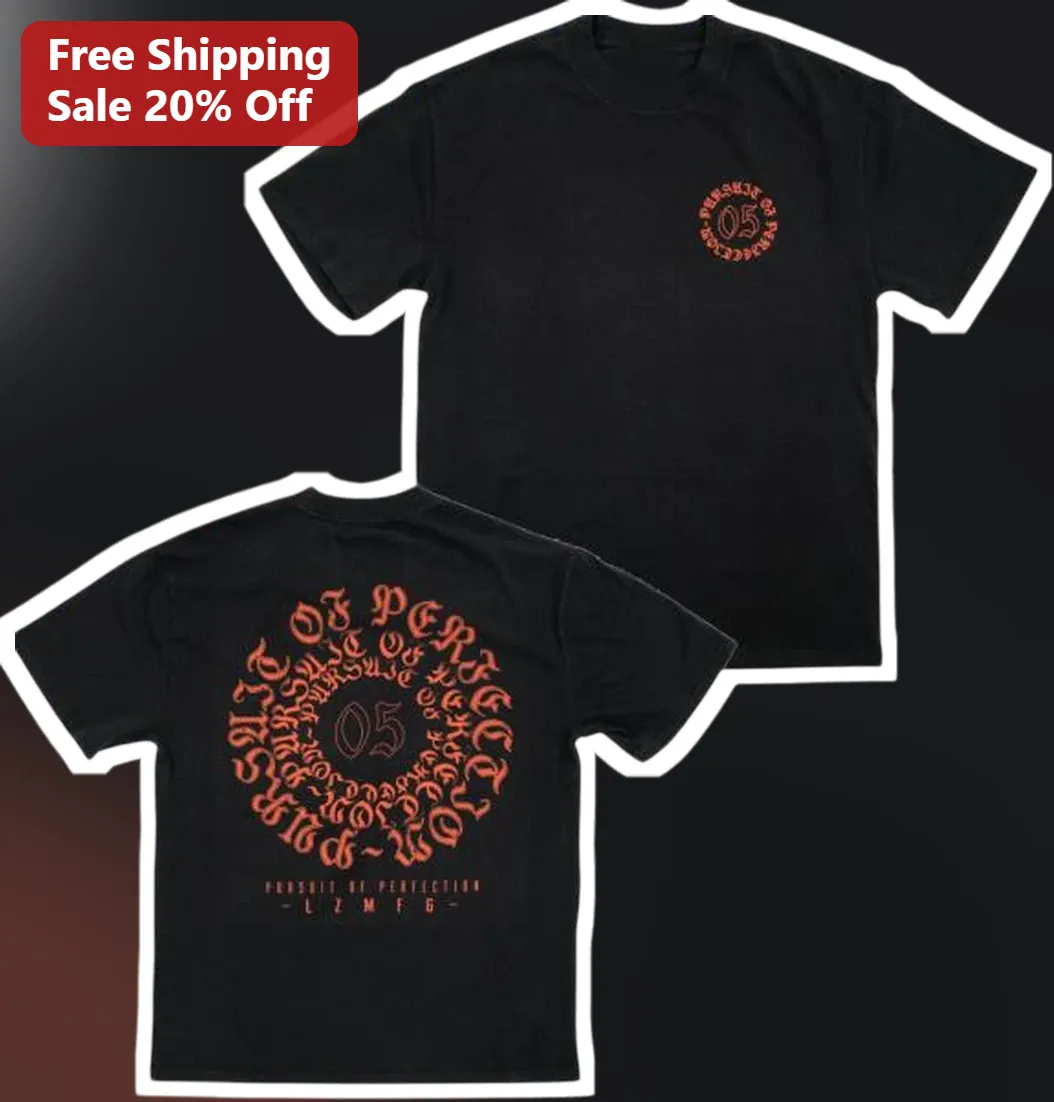 Pursuit of Perfection Gothic Typography Tee Black Orange Spiral Text Streetwear Shirt