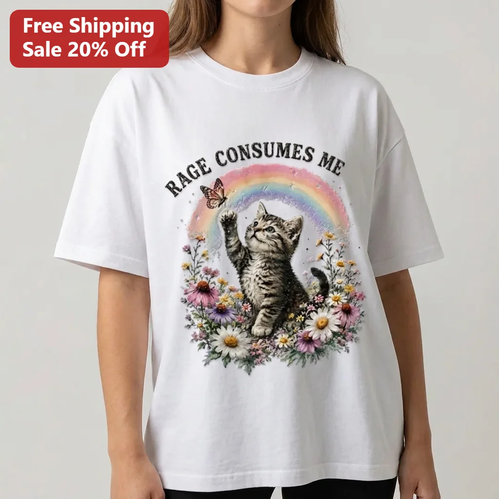 Rage Consumes Me Cute Tabby Kitten Graphic Tee, Funny Ironic Cat Butterfly and Wildflower Design Gift for Cat Lovers