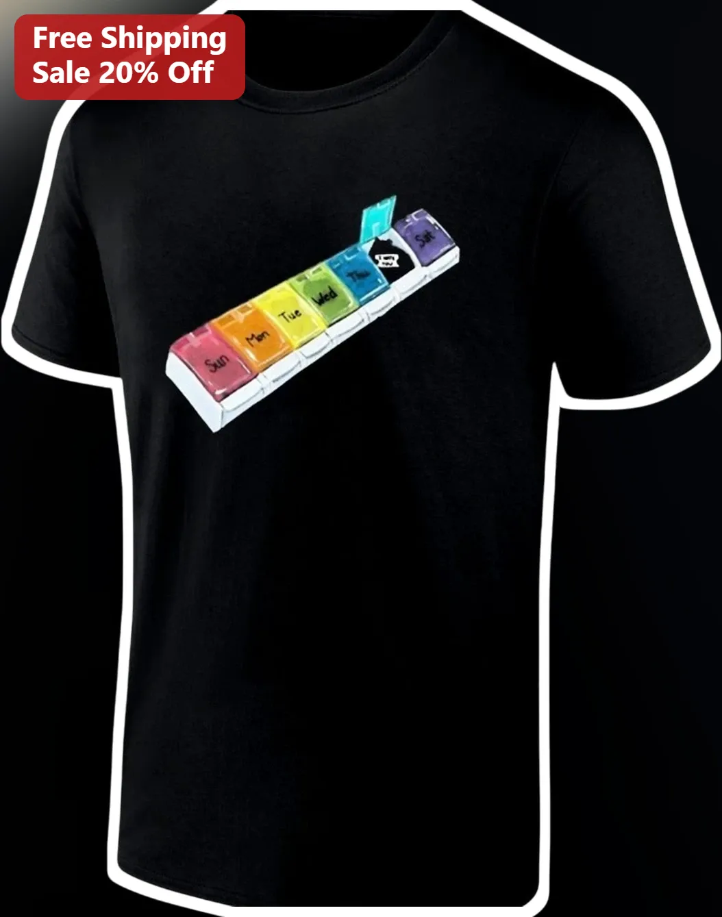 Rainbow Pill Organizer Weekly Box Graphic Tee Funny Medicine Humor Shirt for Caregivers Seniors