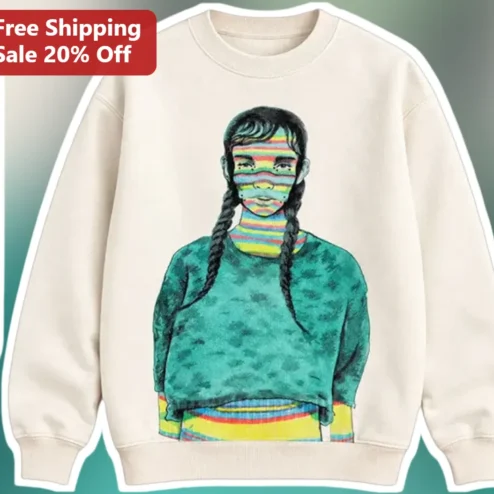 Rainbow Striped Face Girl Art Sweatshirt Indie Graphic Crewneck for Book Lovers