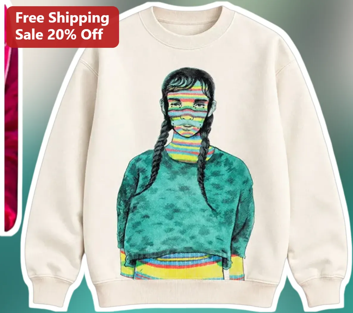 Rainbow Striped Face Girl Art Sweatshirt Indie Graphic Crewneck for Book Lovers