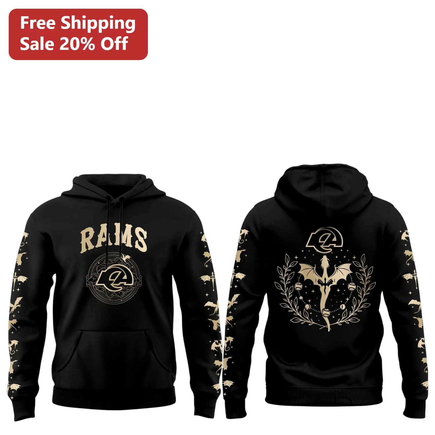 RAMS Hoodie Black Gold Fantasy Dragon Celestial Print Pullover for Men Women NFL Fans