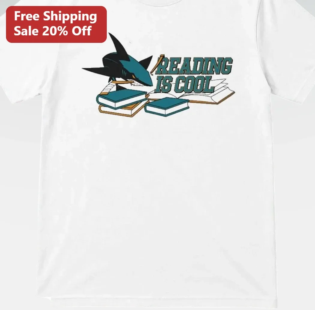 Reading Is Cool Tee Funny Bookworm Shark Graphic Shirt Gift for Teachers Librarians Students