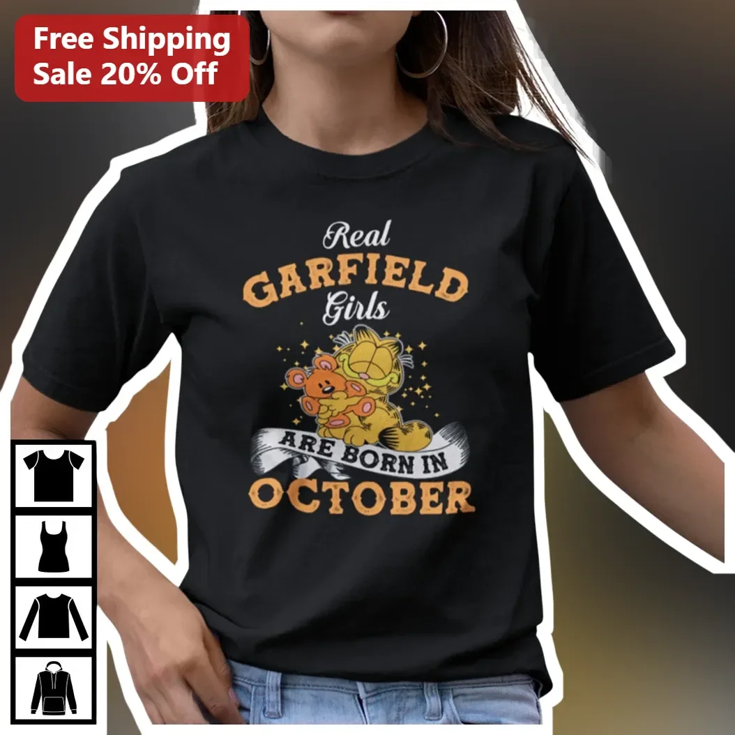 Real Garfield Girls Are Born In October Tee Vintage Cartoon Graphic Shirt for Women