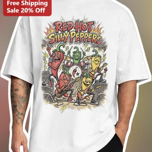 Red Hot Silly Peppers Tee Funny Cartoon Band Parody Graphic T-Shirt for Music Fans
