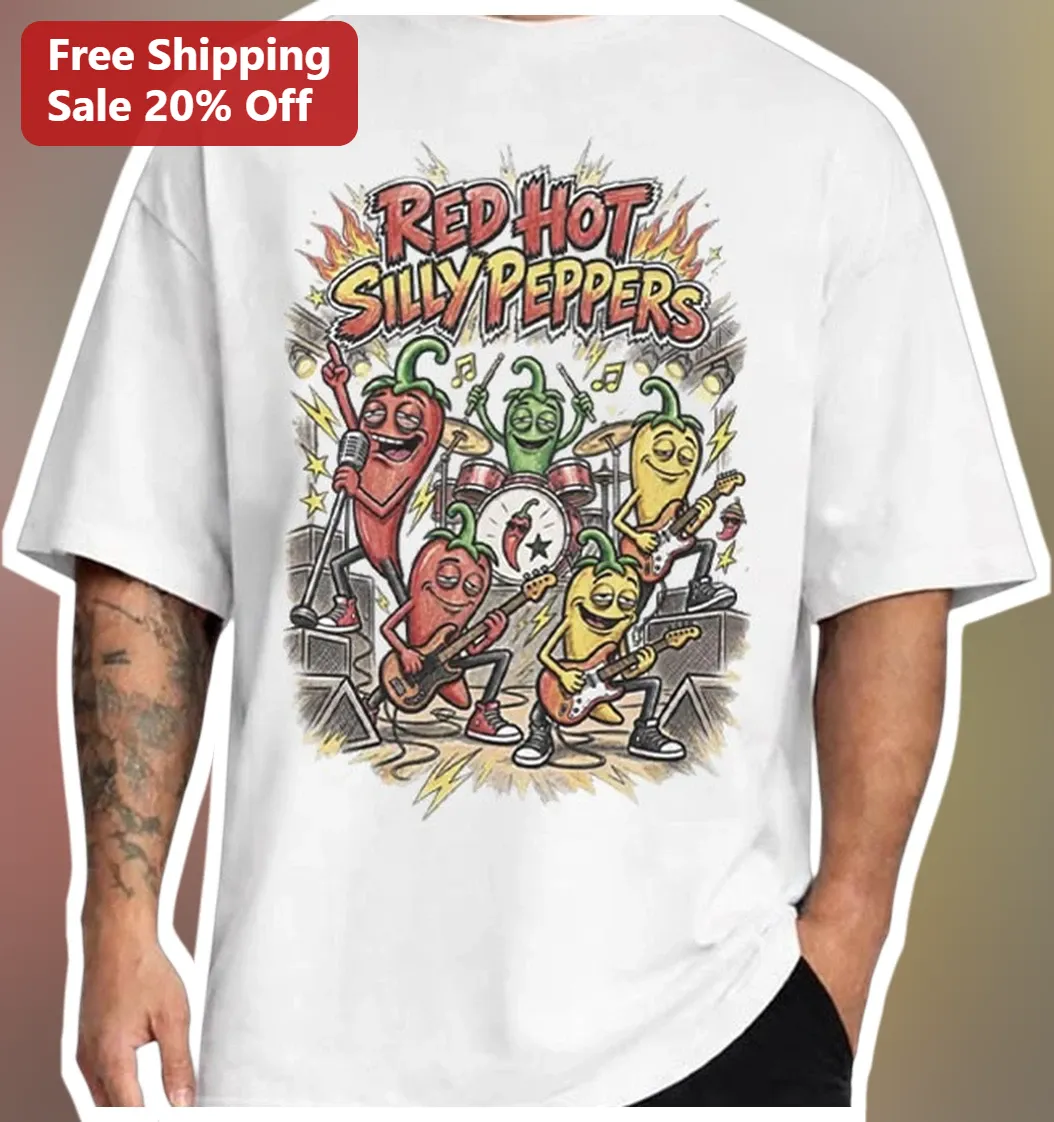 Red Hot Silly Peppers Tee Funny Cartoon Band Parody Graphic T-Shirt for Music Fans
