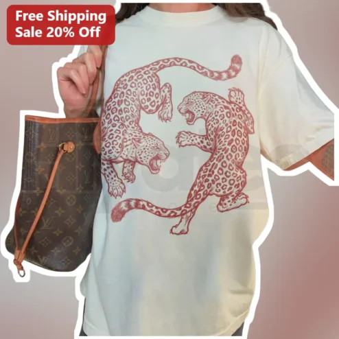 Red Leopard Duo Graphic Tee Bold Twin Big Cats Streetwear Shirt for Women