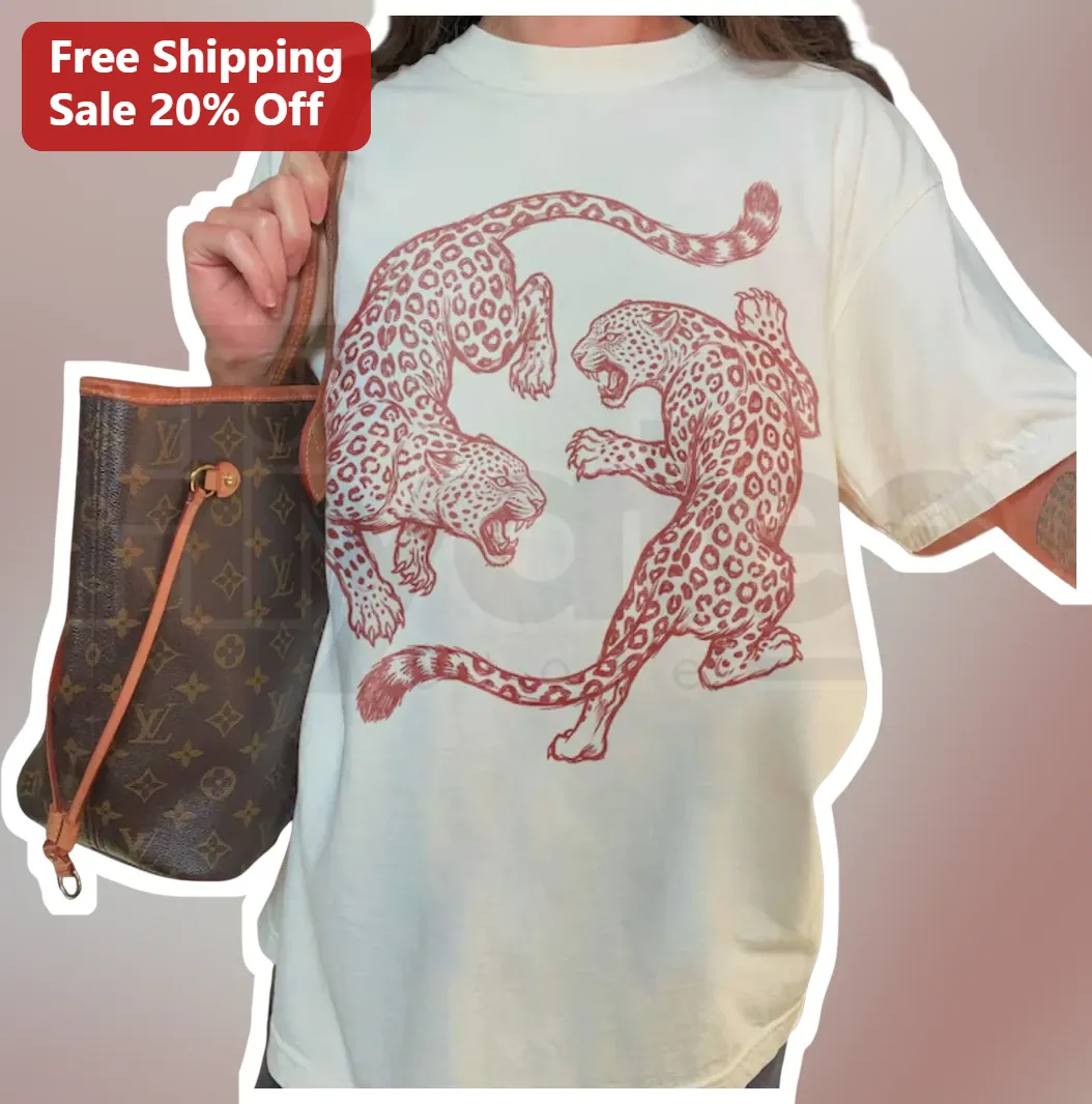 Red Leopard Duo Graphic Tee Bold Twin Big Cats Streetwear Shirt for Women