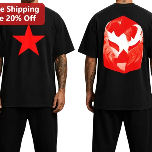 Red Star and Tribal Mask Graphic Tee Streetwear Indigenous Art Inspired Black T-Shirt