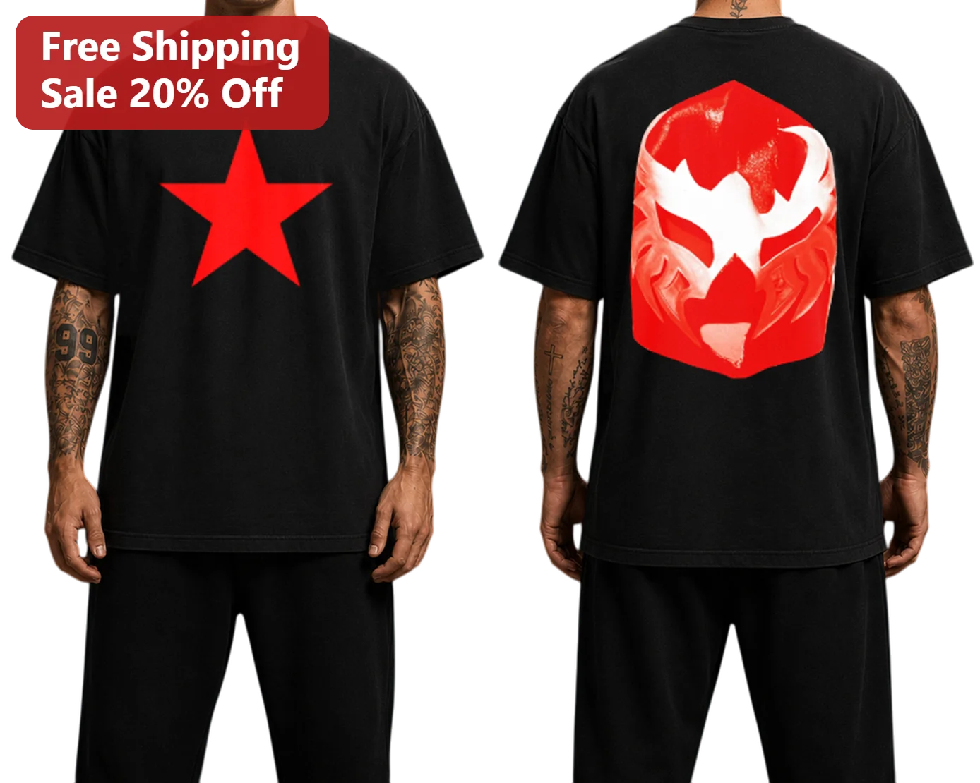 Red Star and Tribal Mask Graphic Tee Streetwear Indigenous Art Inspired Black T-Shirt