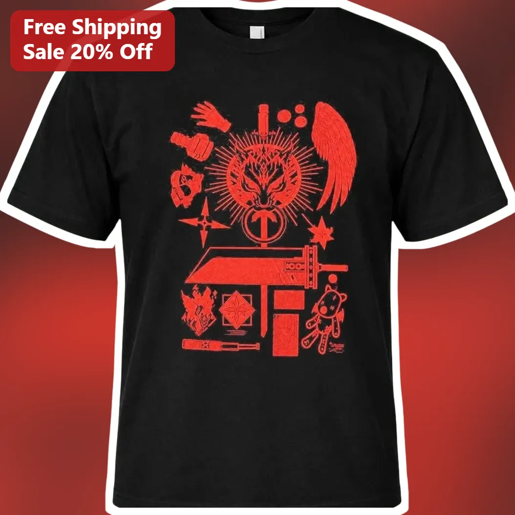 Red Symbol Collage Graphic Tee Streetwear Winged Emblem Design Black Cotton T-Shirt