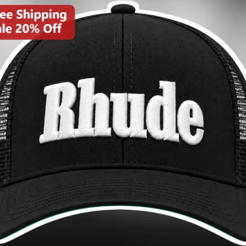 Rhude Hat Black Trucker Cap with White Embroidered Logo Mesh Back Adjustable Snapback Streetwear