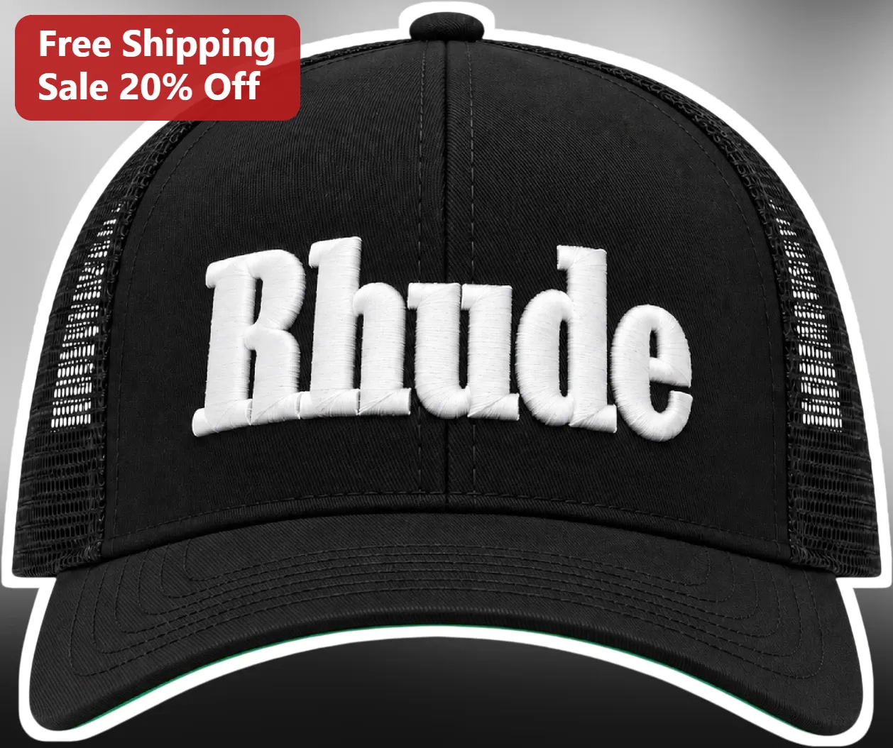 Rhude Hat Black Trucker Cap with White Embroidered Logo Mesh Back Adjustable Snapback Streetwear