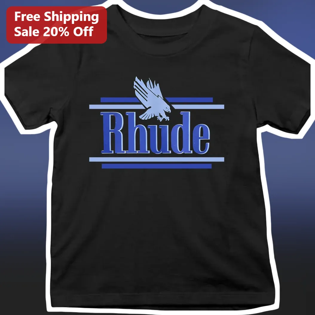 Rhude Tee Black Blue Eagle Logo Graphic Cotton T-Shirt Streetwear Style