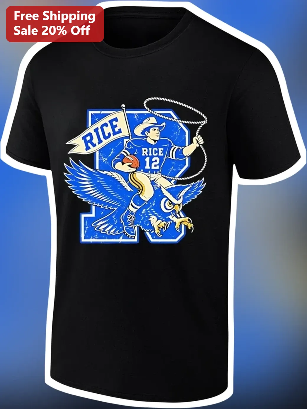 Rice Tee Vintage Cowboy Football Mascot Design Cotton Shirt