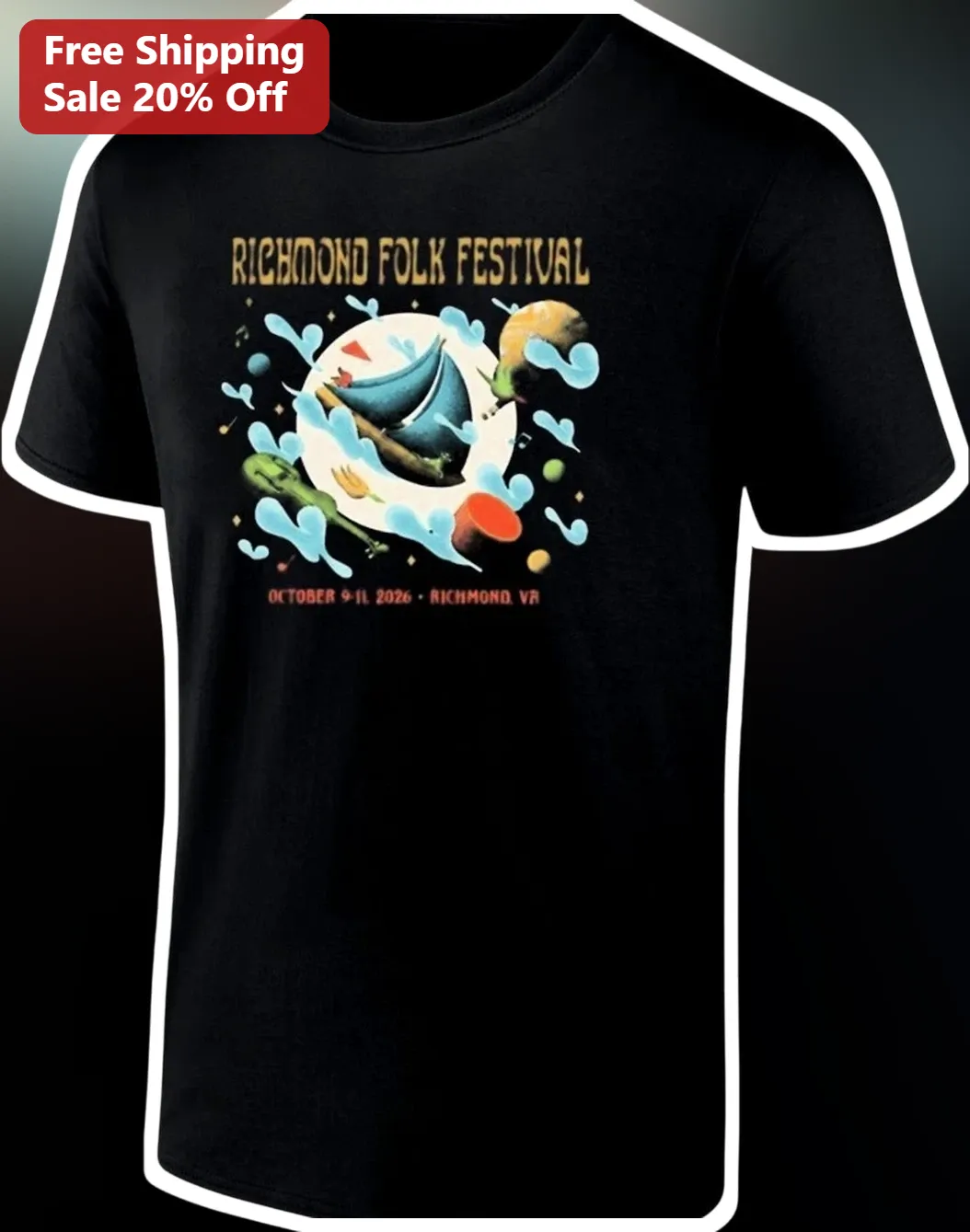 Richmond Folk Festival Tee 2026 October 9-11 Richmond VA Vintage Banjo Sailboat Graphic Shirt