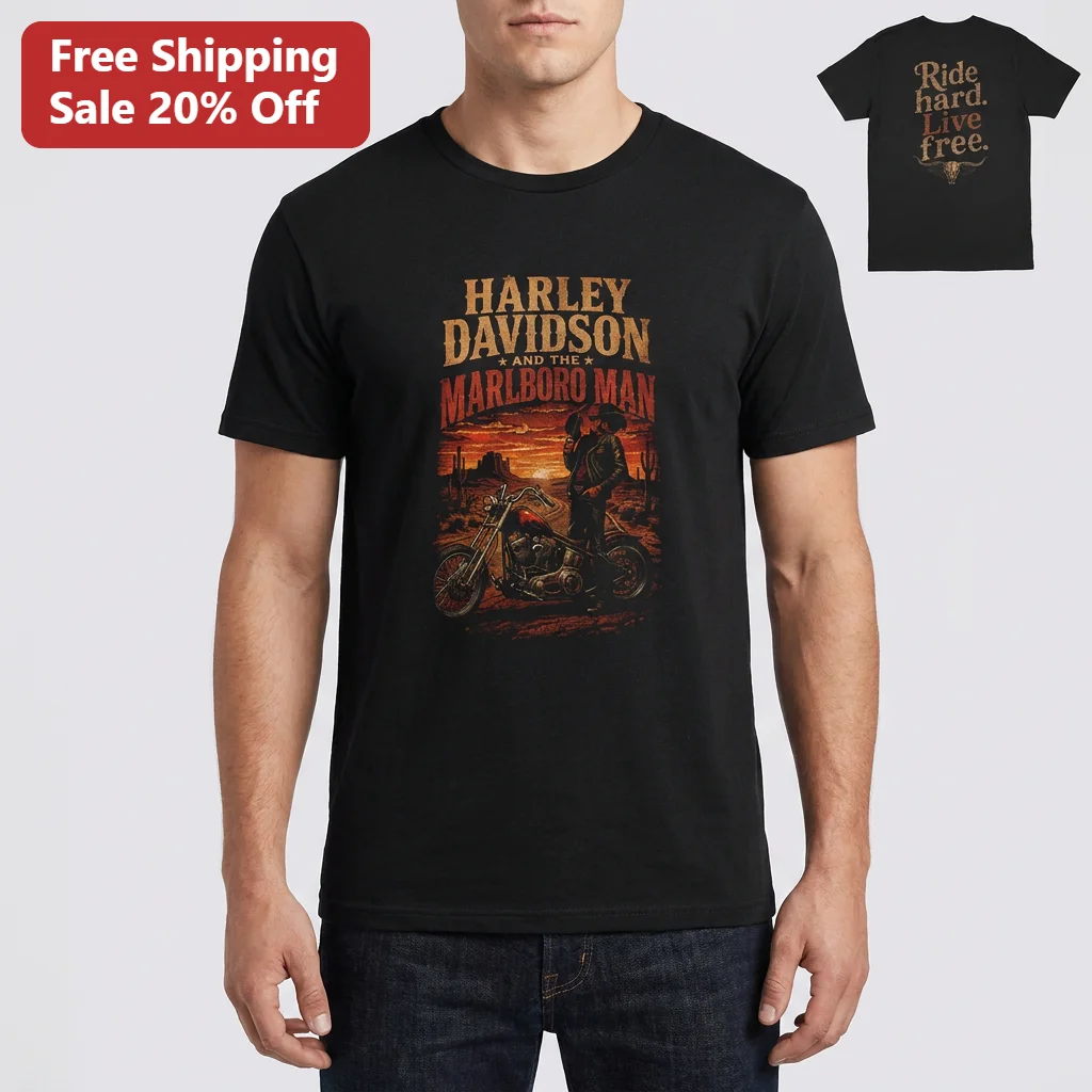 Ride Hard Live Free Harley Davidson and The Marlboro Man Graphic Tee Vintage Biker Motorcycle Shirt