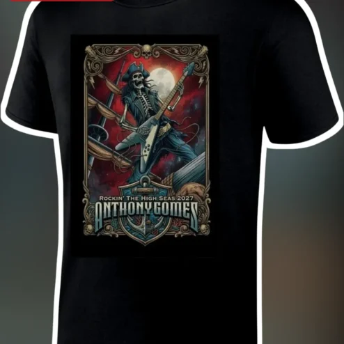 Rockin' The High Seas Pirate Skeleton Guitarist Graphic Tee for Rock Fans