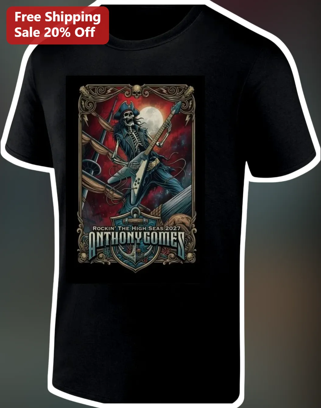 Rockin' The High Seas Pirate Skeleton Guitarist Graphic Tee for Rock Fans