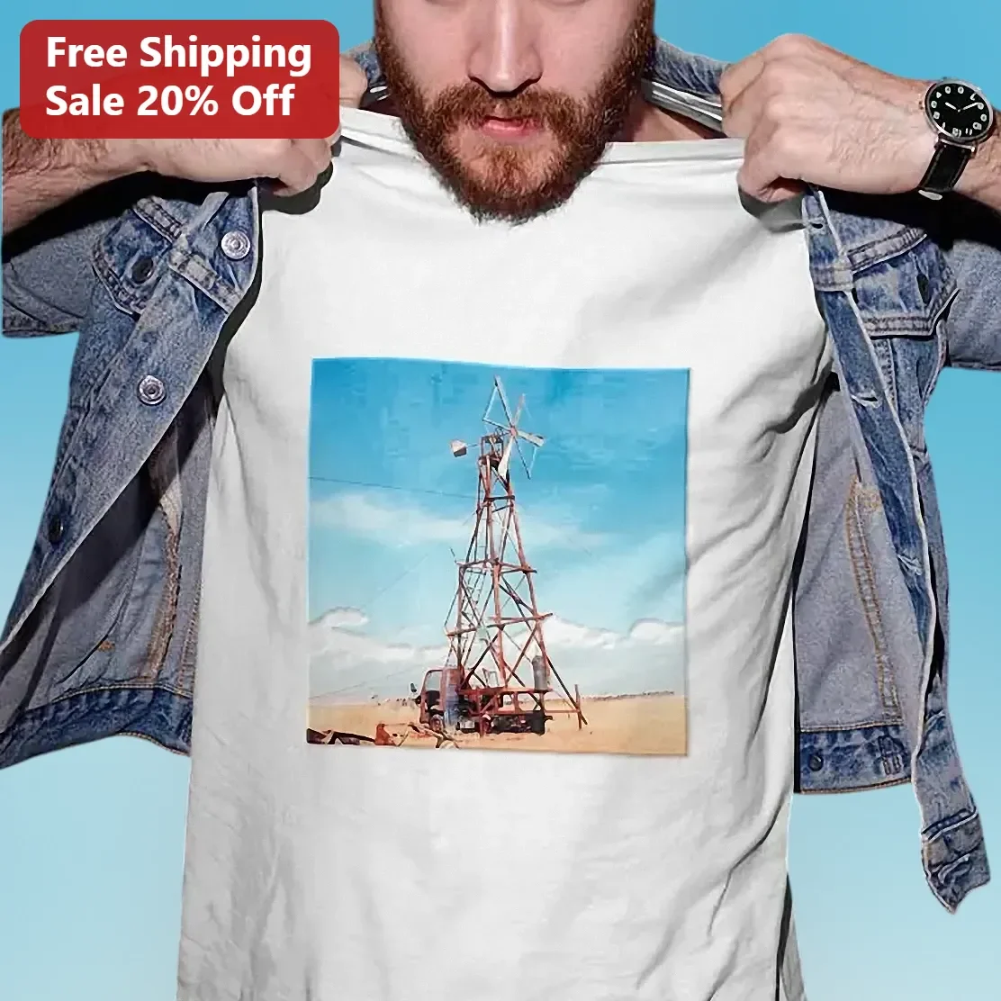 Rusty Windmill Desert Landscape Tee Vintage Western Art Shirt for Men Women