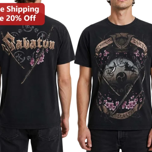 Sabaton Tee Japanese Katana Samurai Crest Vintage Distressed Heavy Metal Band Shirt
