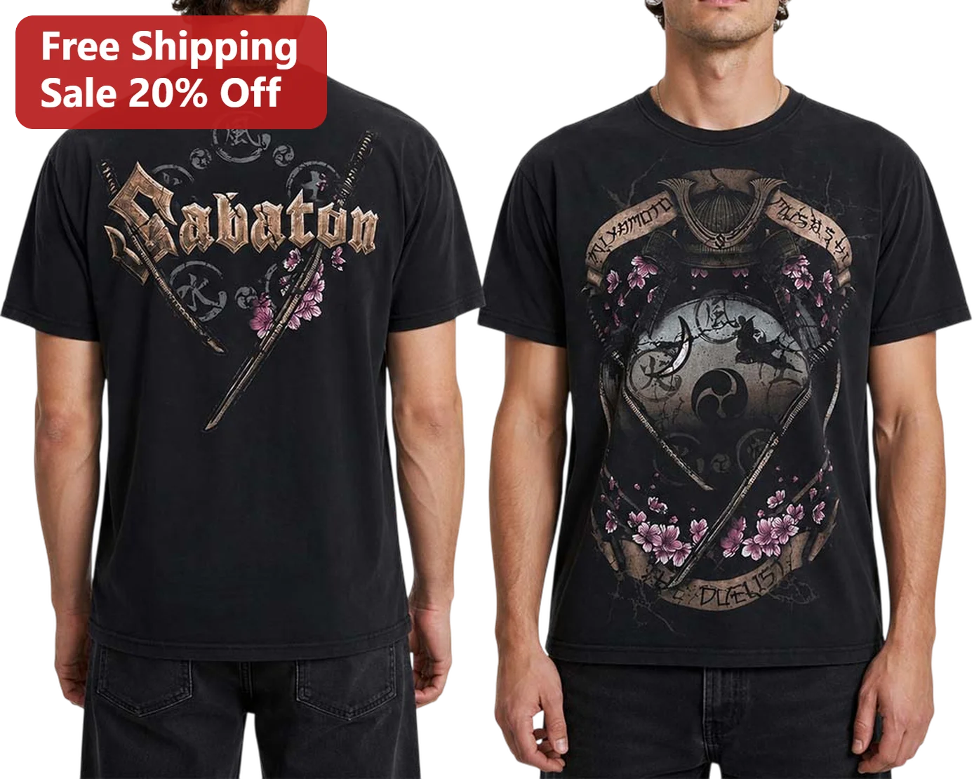 Sabaton Tee Japanese Katana Samurai Crest Vintage Distressed Heavy Metal Band Shirt