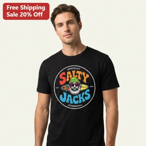 Salty Jacks Newquay Cornwall Retro Surf Graphic Tee Beach Holiday Gift for Men and Women