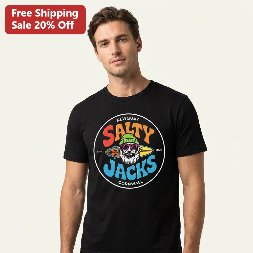 Salty Jacks Newquay Cornwall Retro Surf Graphic Tee Beach Holiday Gift for Men and Women