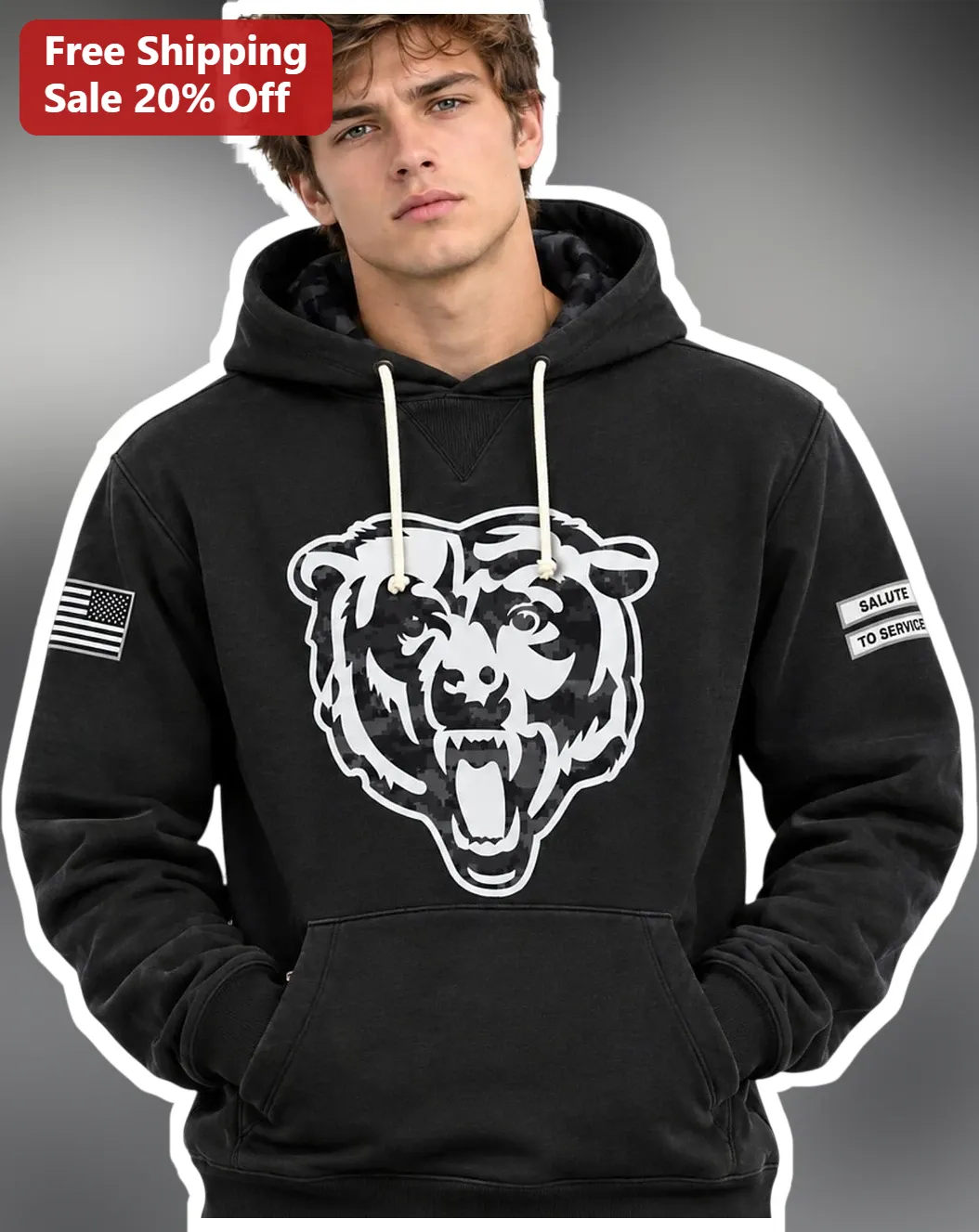 Salute To Service Camo Bear Graphic Hoodie Military Veteran Gift Patriotic Sweatshirt