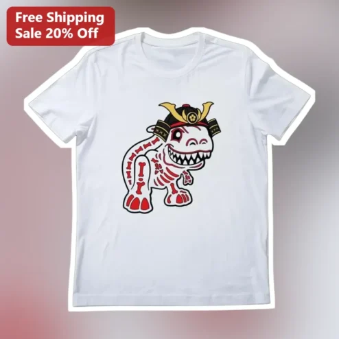 Samurai T-Rex Skeleton Dinosaur Tee Cute Kawaii Japanese Warrior Graphic Shirt for Kids Anime Fans