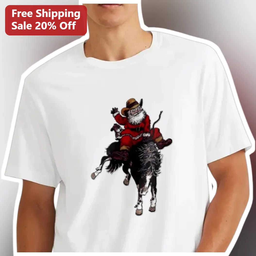 Santa Claus Cowboy Rodeo Bull Riding Funny Christmas Graphic Tee