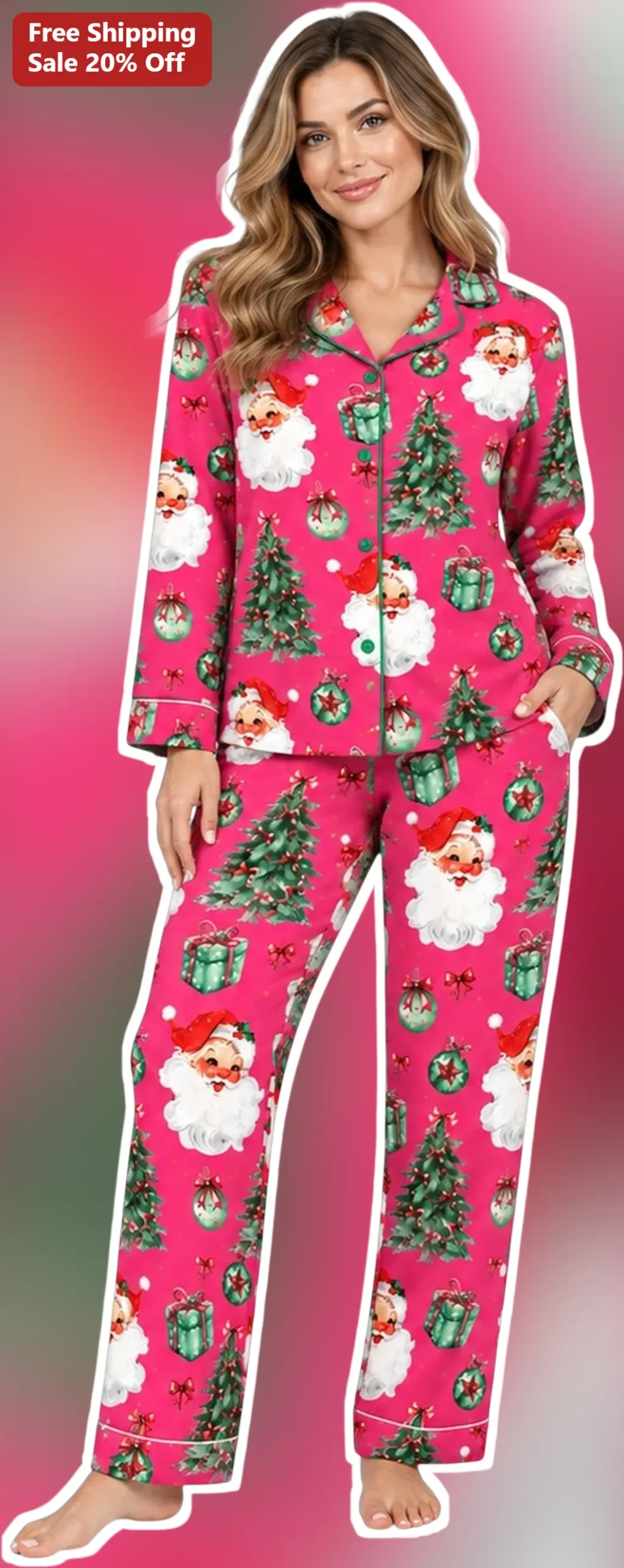 Santa Claus Pajama Set Women Festive Christmas Holiday Sleepwear