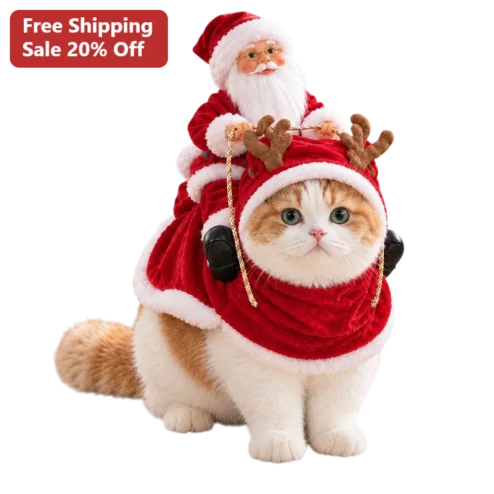 Santa Riding Cat Christmas Illustration Digital Art Funny Holiday Pet PNG
