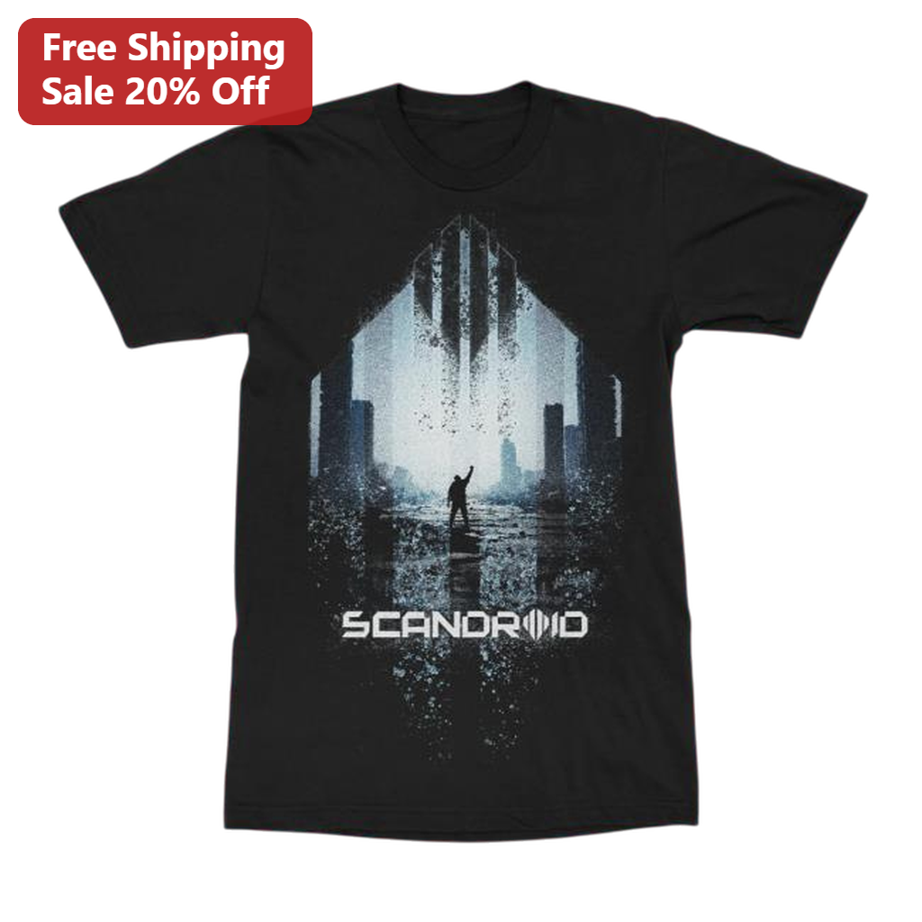 Scandroid Cyberpunk Synthwave Graphic Tee, Dystopian Sci-Fi Music T-Shirt Gift for Men and Women
