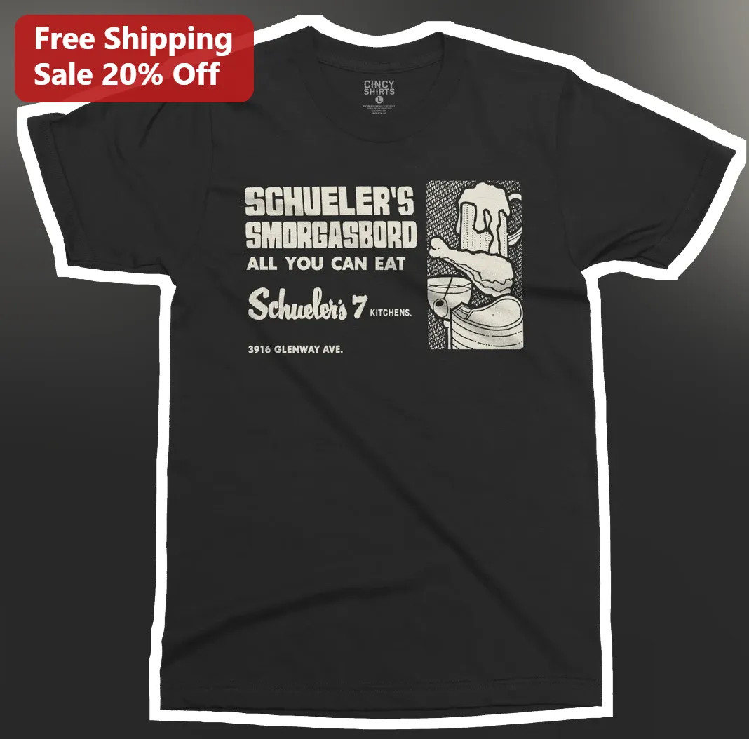 Schuelers Smorgasbord All You Can Eat Schueler's 7 Kitchens Vintage Graphic Tee available at our Chicago, Illinois warehouse