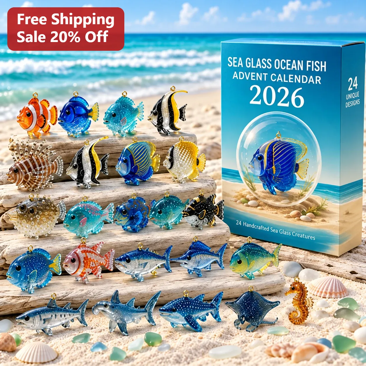 Sea Glass Ocean Fish Advent Calendar Ornament