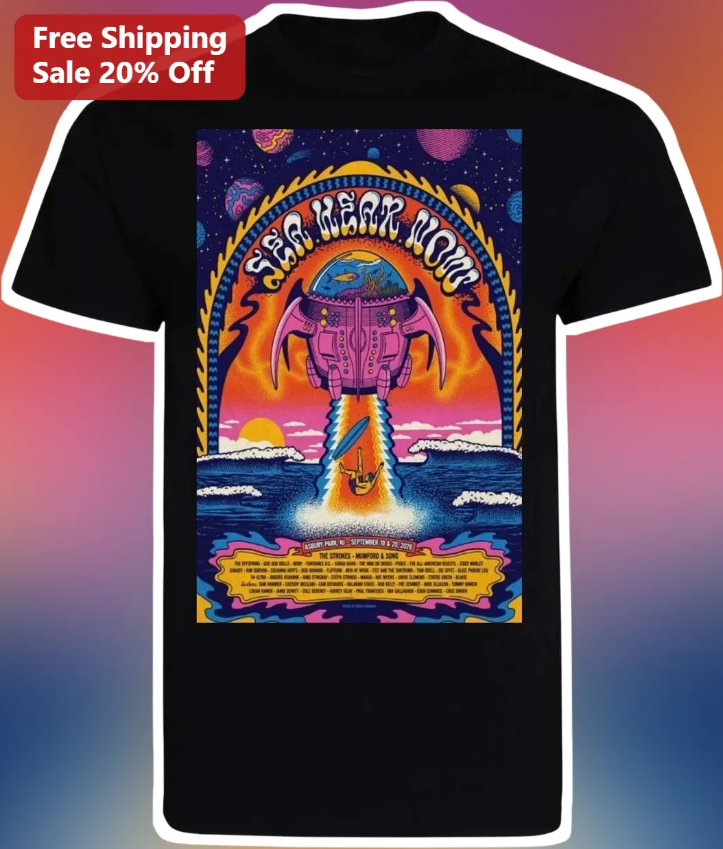 Sea Hear Now Retro Psychedelic Surf Space Submarine Graphic Tee