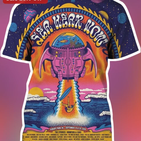 Sea Hear Now Tee Retro Psychedelic UFO Surfer Graphic T-Shirt Asbury Park Music Festival Merch