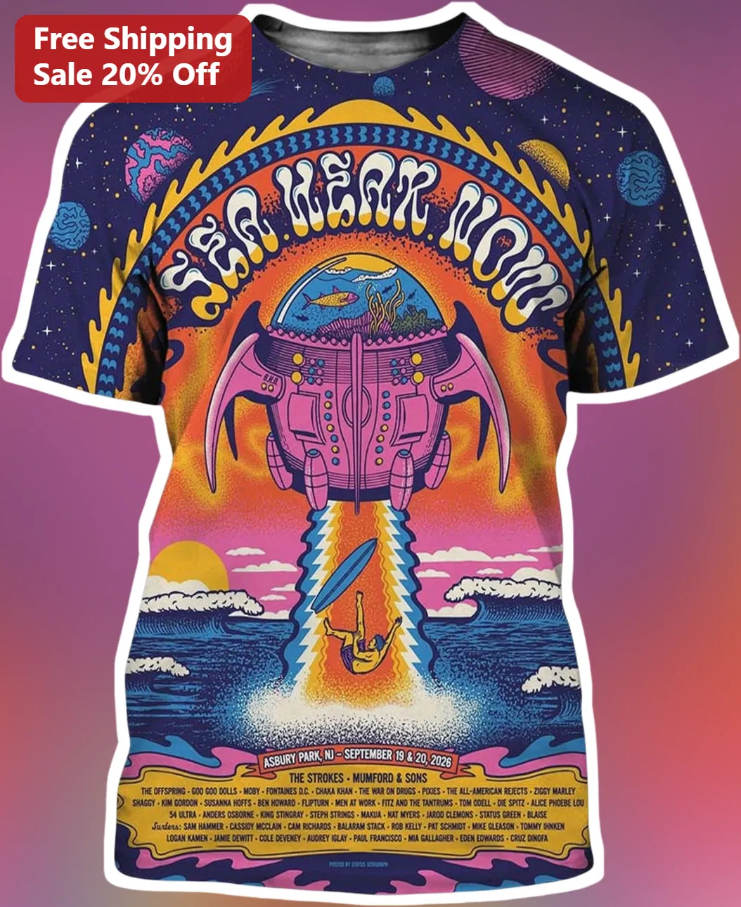 Sea Hear Now Tee Retro Psychedelic UFO Surfer Graphic T-Shirt Asbury Park Music Festival Merch