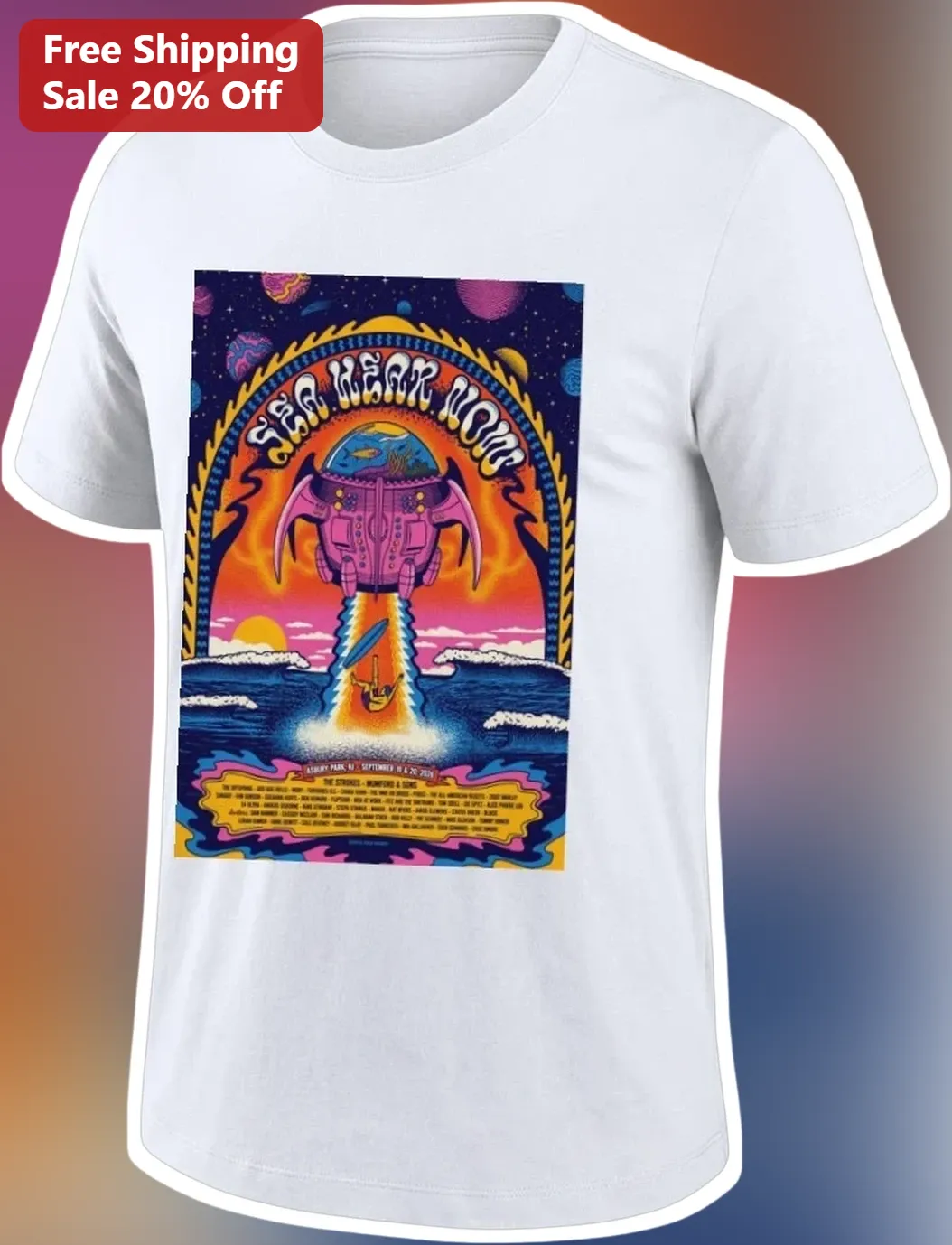 Sea Hear Now Tee Retro Surf Alien Shaka Graphic T-Shirt Tropical Beach Gift