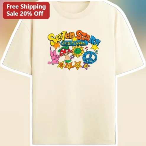 Seven Stars Festival Tee Retro Psychedelic Graphic T-Shirt for Music Fans