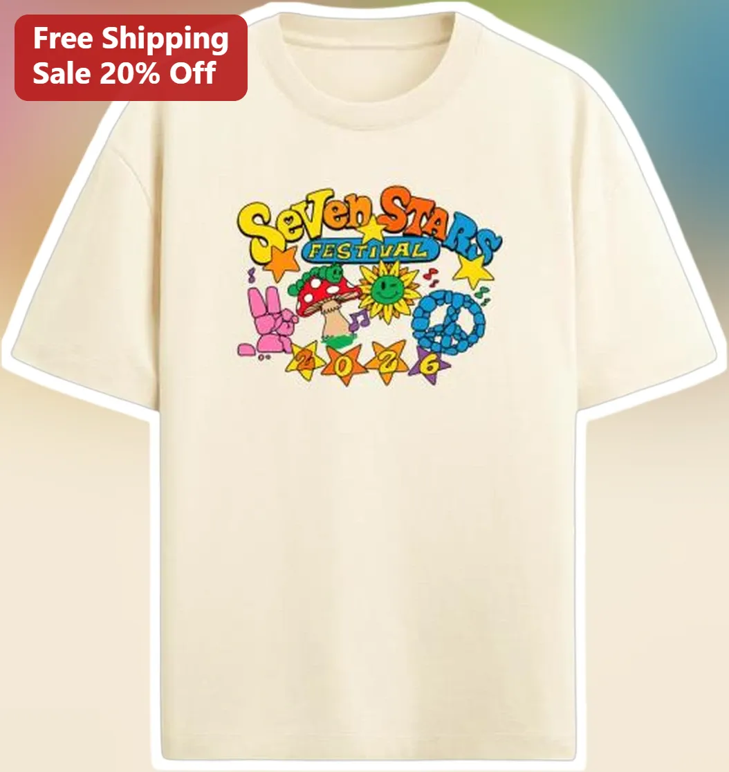 Seven Stars Festival Tee Retro Psychedelic Hippie Graphic Shirt for Music Fans