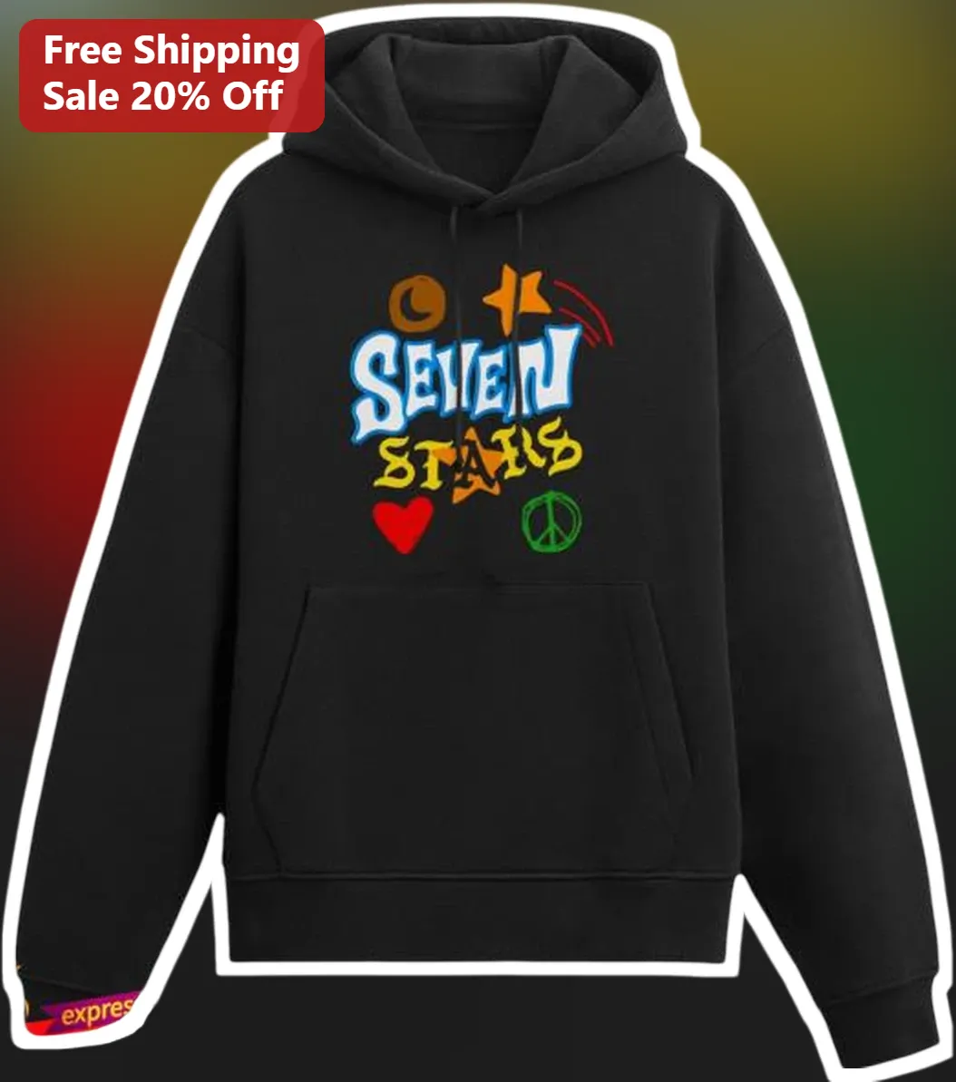 Seven Stars Hoodie Celestial Moon Star Heart Peace Graphic Pullover Retro Spiritual Streetwear