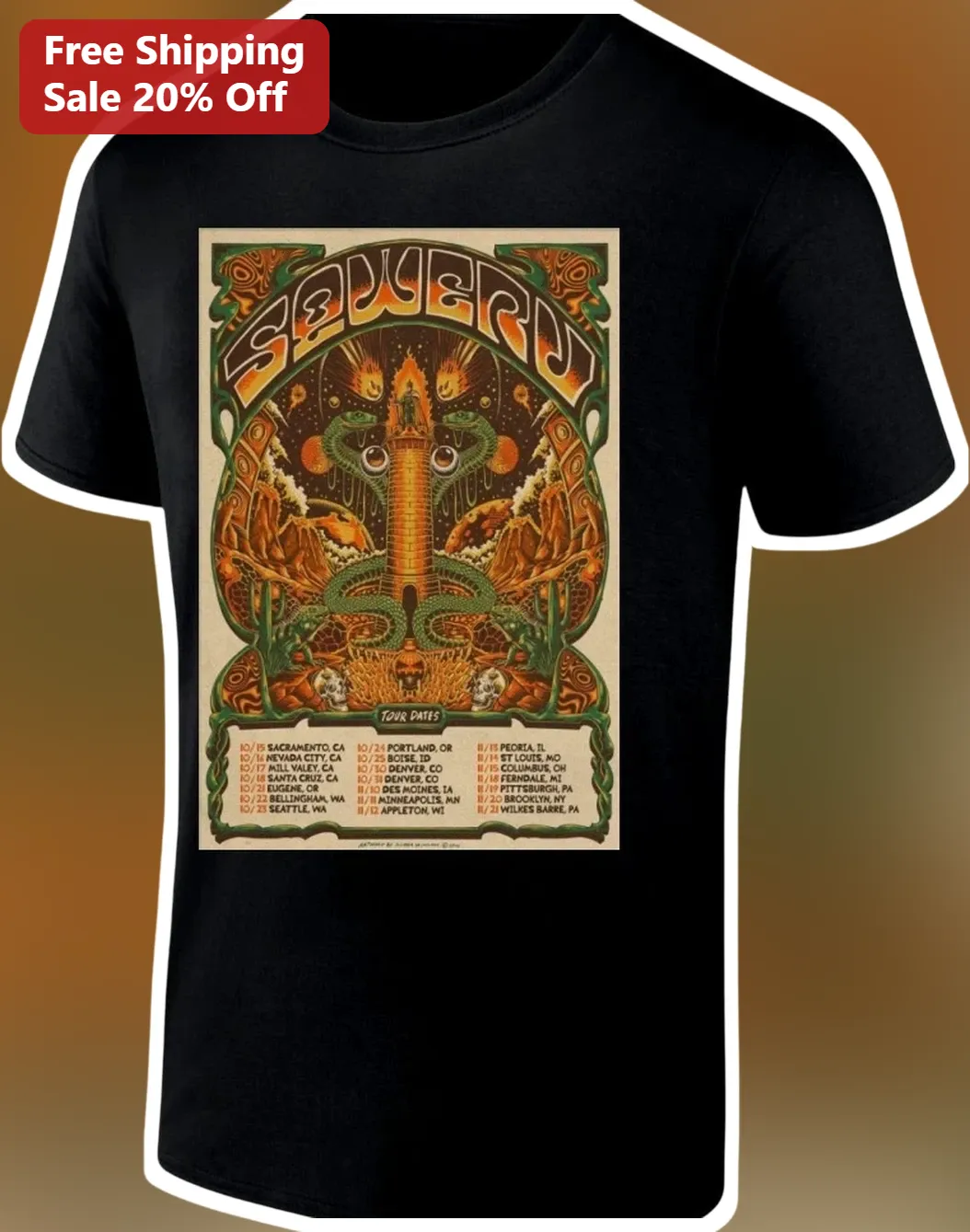 SEWER Band Vintage Psychedelic Rock Poster Graphic Tee Black Cotton Shirt