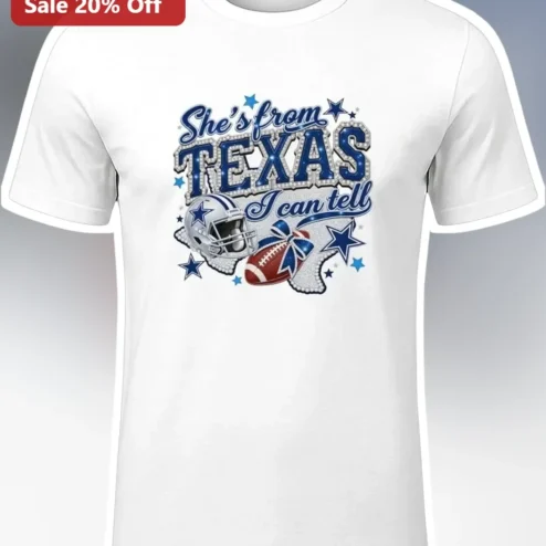 She's From Texas I Can Tell Tee Dallas Cowboys Football Rhinestone Graphic Shirt for Women