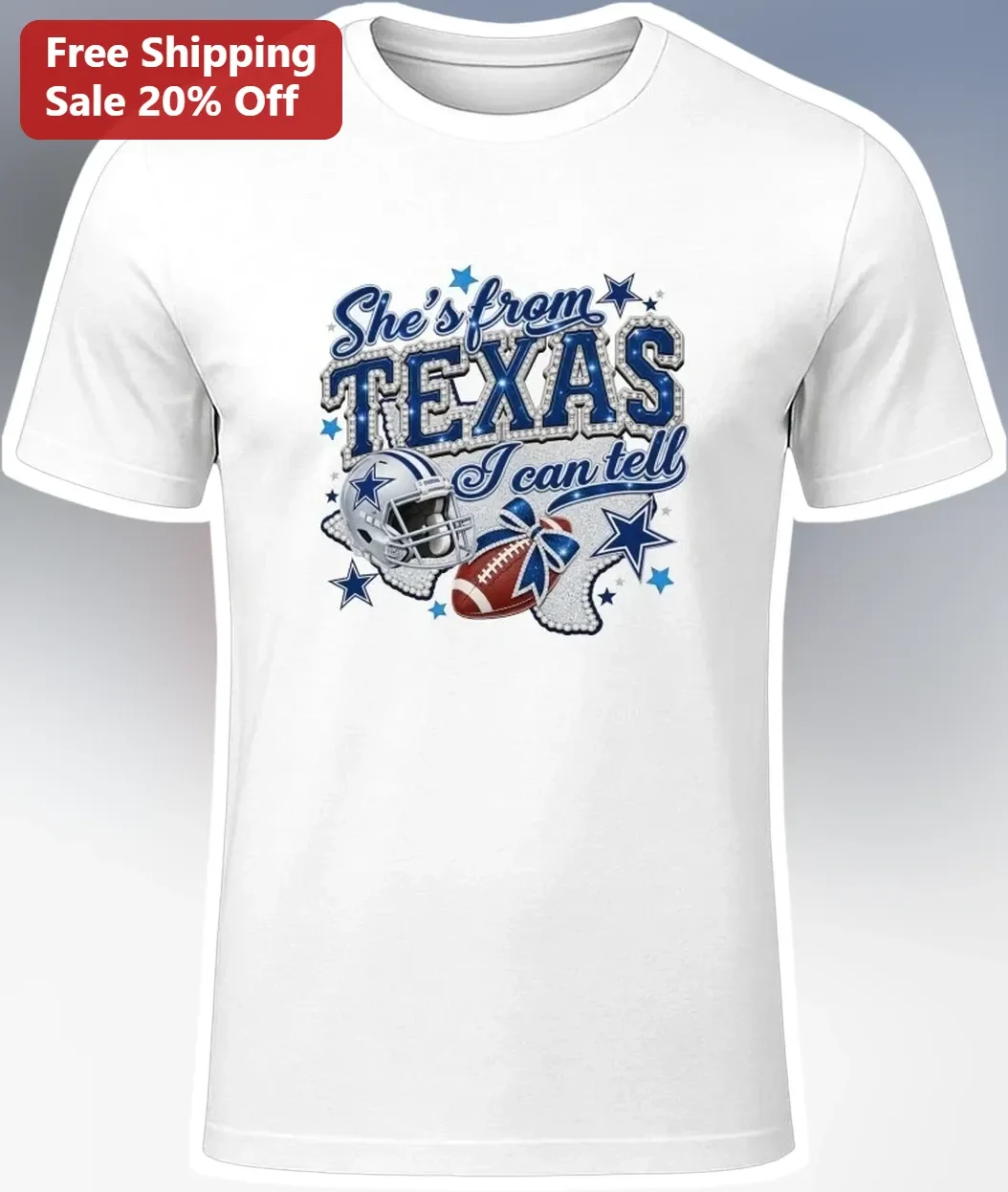 She's From Texas I Can Tell Tee Dallas Cowboys Football Rhinestone Graphic Shirt for Women