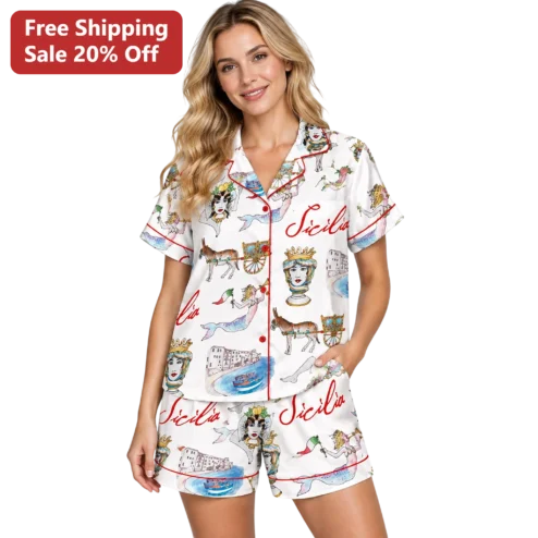 Sicilia Pajama Set Women Silky Satin Sicily Italy Travel Sleepwear Gift