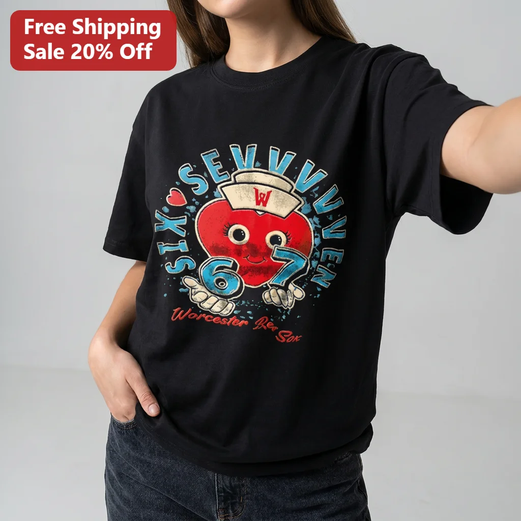 Six Sev-V-V-Ven Worcester Red Sox Tee, Funny Nurse Heart Cartoon Baseball Fan Gift