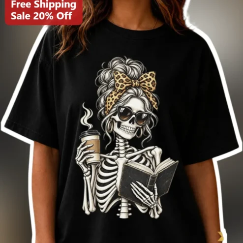 Skeleton Girl Reading Book Coffee Leopard Bow Graphic Tee for Women